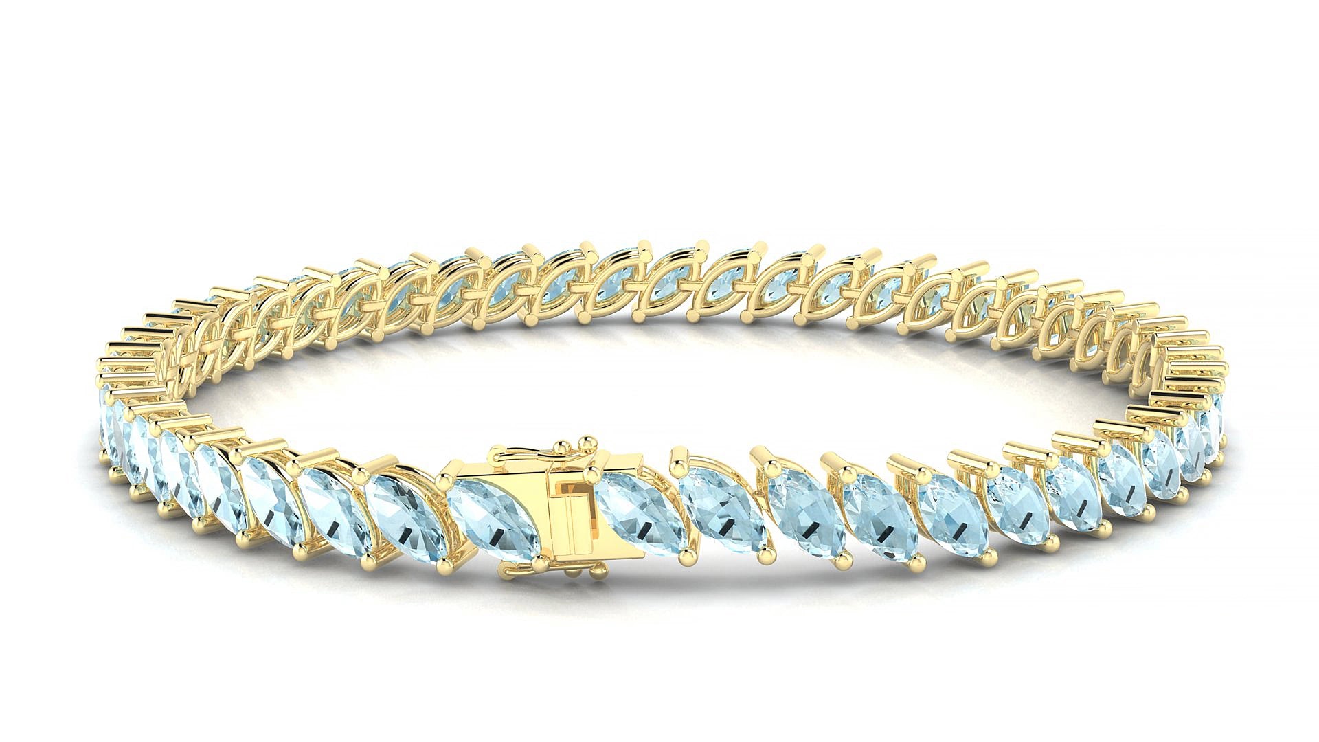 Venezia | 18k Yellow Gold 6 x 3 mm Marquise Natural Aquamarine 15 cm Tennis Bracelet