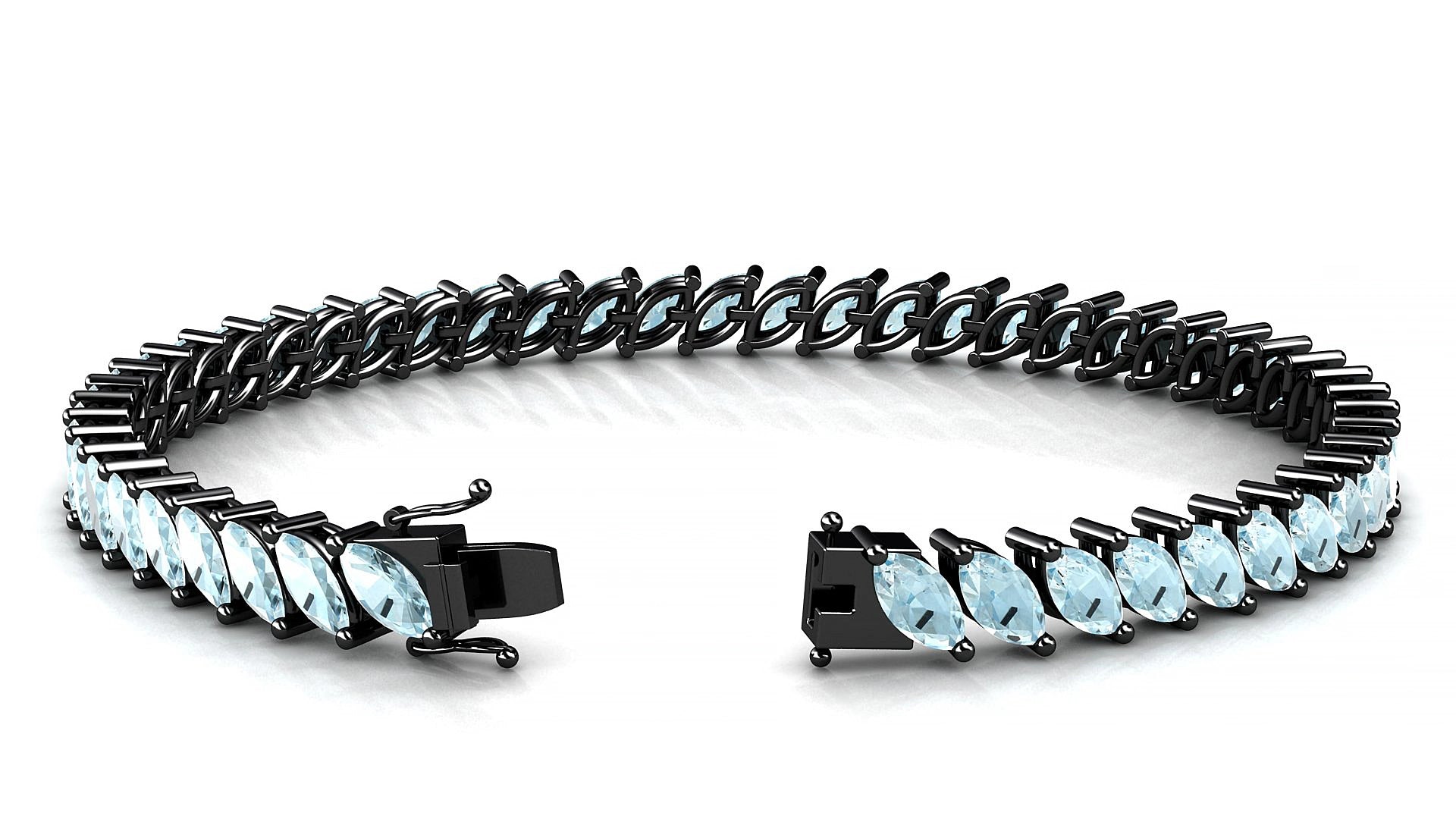 Venezia | 18k Black Gold 6 x 3 mm Marquise Natural Aquamarine 15 cm Tennis Bracelet