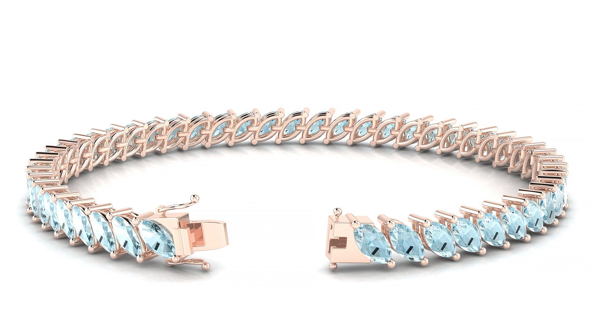 Venezia | 18k Rose Gold 6 x 3 mm Marquise Natural Aquamarine 15 cm Tennis Bracelet