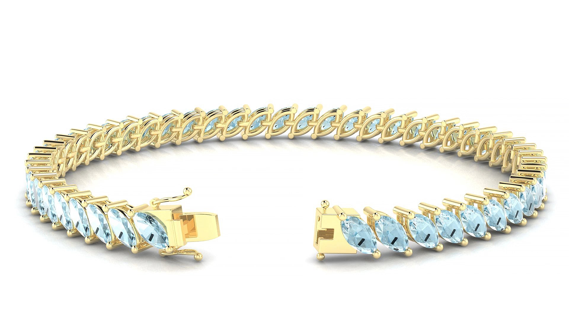 Venezia | 18k Yellow Gold 6 x 3 mm Marquise Natural Aquamarine 15 cm Tennis Bracelet